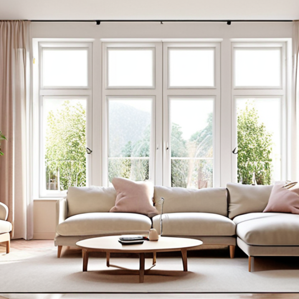 **Bright, airy living room:** Large windows showcasing natural light, white or pastel walls, minimal furniture, sheer curtains, creating a spacious and warm atmosphere.