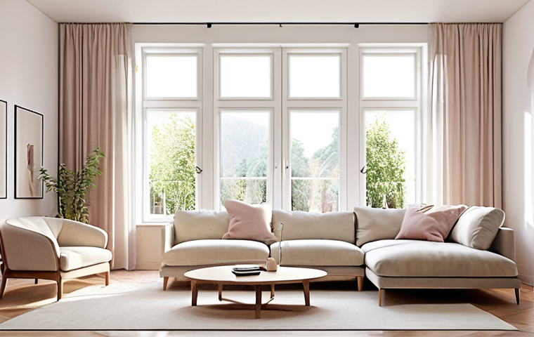 **Bright, airy living room:** Large windows showcasing natural light, white or pastel walls, minimal furniture, sheer curtains, creating a spacious and warm atmosphere.