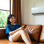 ** "A modern, comfortable Vietnamese living room on a hot day. A young Vietnamese person is relaxing on a sofa, smiling slightly while looking at a smartphone screen that displays a smart home app controlling a sleek, quiet Inverter air conditioner. The room feels cool and peaceful, with subtle hints of natural light coming from a window, emphasizing efficiency and smart control over the home environment."

2.  **Prompt for