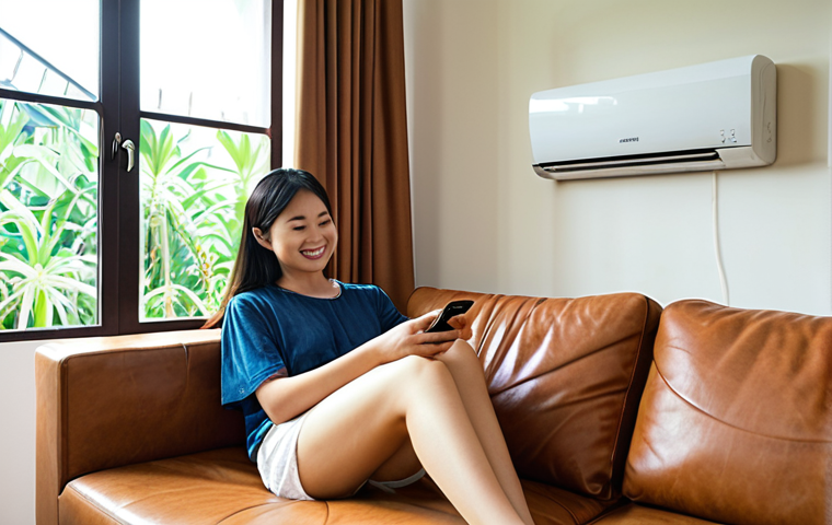 ** "A modern, comfortable Vietnamese living room on a hot day. A young Vietnamese person is relaxing on a sofa, smiling slightly while looking at a smartphone screen that displays a smart home app controlling a sleek, quiet Inverter air conditioner. The room feels cool and peaceful, with subtle hints of natural light coming from a window, emphasizing efficiency and smart control over the home environment."

2.  **Prompt for