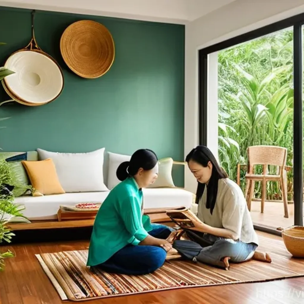 지속 가능한 주거 환경 조성 방법 - **Prompt:** A cozy and inviting living room in a modern Vietnamese home, bathed in warm, natural sun...