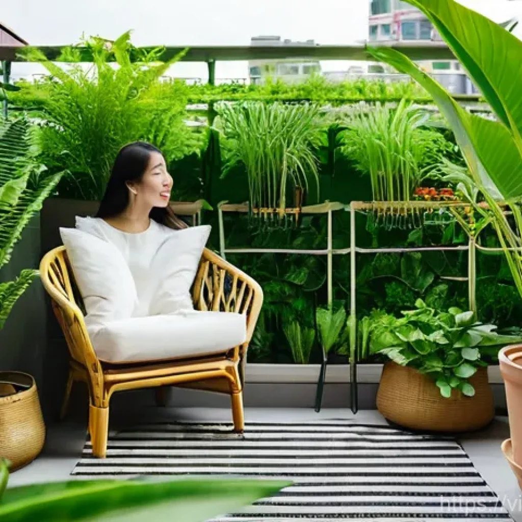 주거 전환기의 환경적 혜택 - **"A serene and lush green balcony oasis in a modern Vietnamese apartment overlooking a vibrant city...