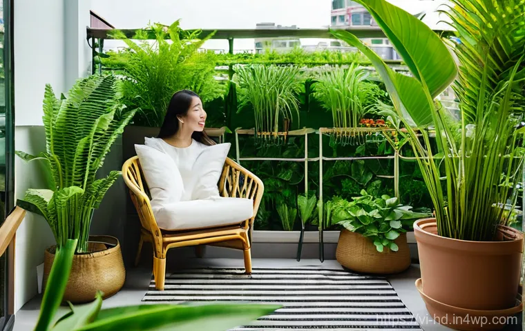 주거 전환기의 환경적 혜택 - **"A serene and lush green balcony oasis in a modern Vietnamese apartment overlooking a vibrant city...