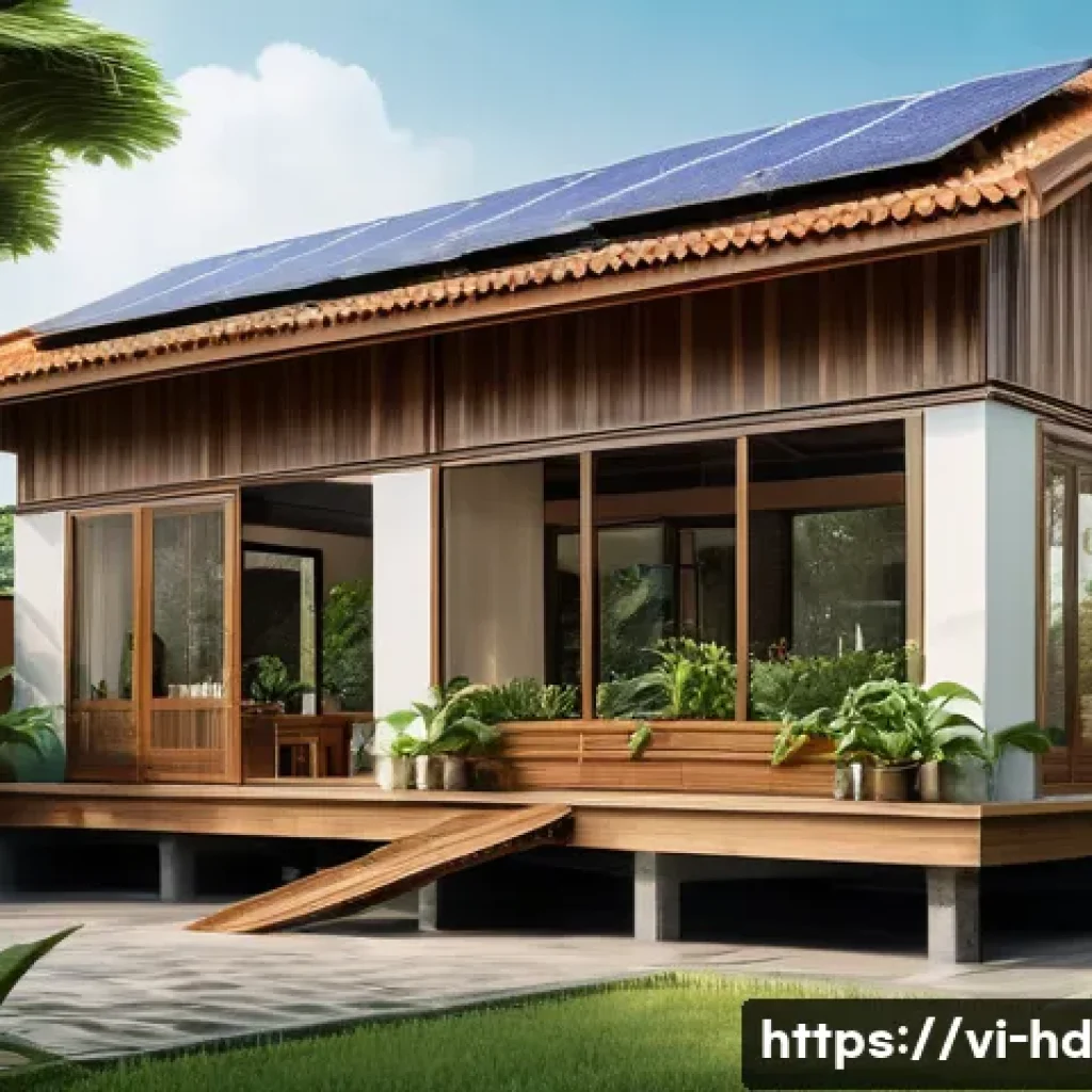 에코 프렌들리 주거의 경제적 분석 - A modern eco-friendly Vietnamese house exterior during daytime, showcasing solar panels on the roof,...