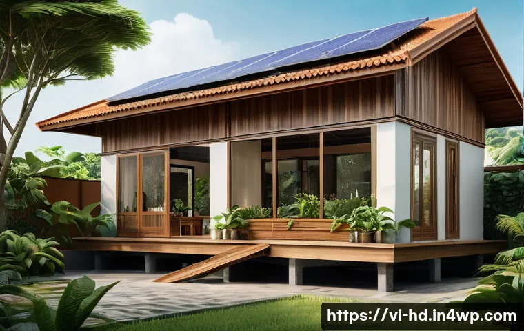 에코 프렌들리 주거의 경제적 분석 - A modern eco-friendly Vietnamese house exterior during daytime, showcasing solar panels on the roof,...