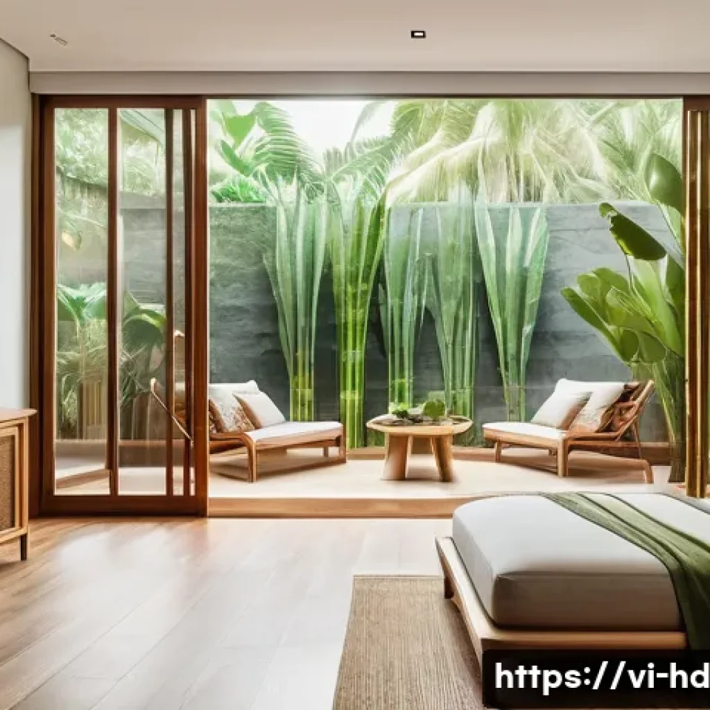 친환경 주택의 실내 공기 질 향상 - A modern Vietnamese tropical home interior showcasing natural ventilation design: large glass window...