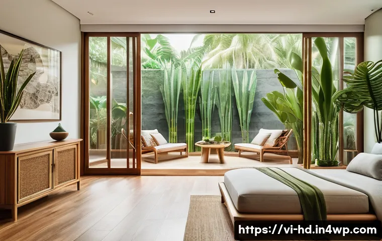 친환경 주택의 실내 공기 질 향상 - A modern Vietnamese tropical home interior showcasing natural ventilation design: large glass window...