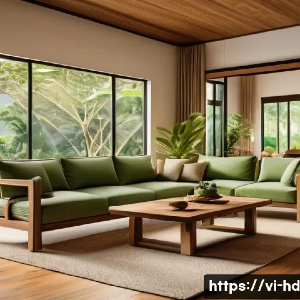 주거 공간의 재료 선택 가이드 - A modern Vietnamese tropical home interior showcasing natural wood flooring with warm tones, large w...