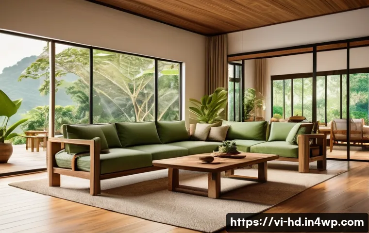 주거 공간의 재료 선택 가이드 - A modern Vietnamese tropical home interior showcasing natural wood flooring with warm tones, large w...