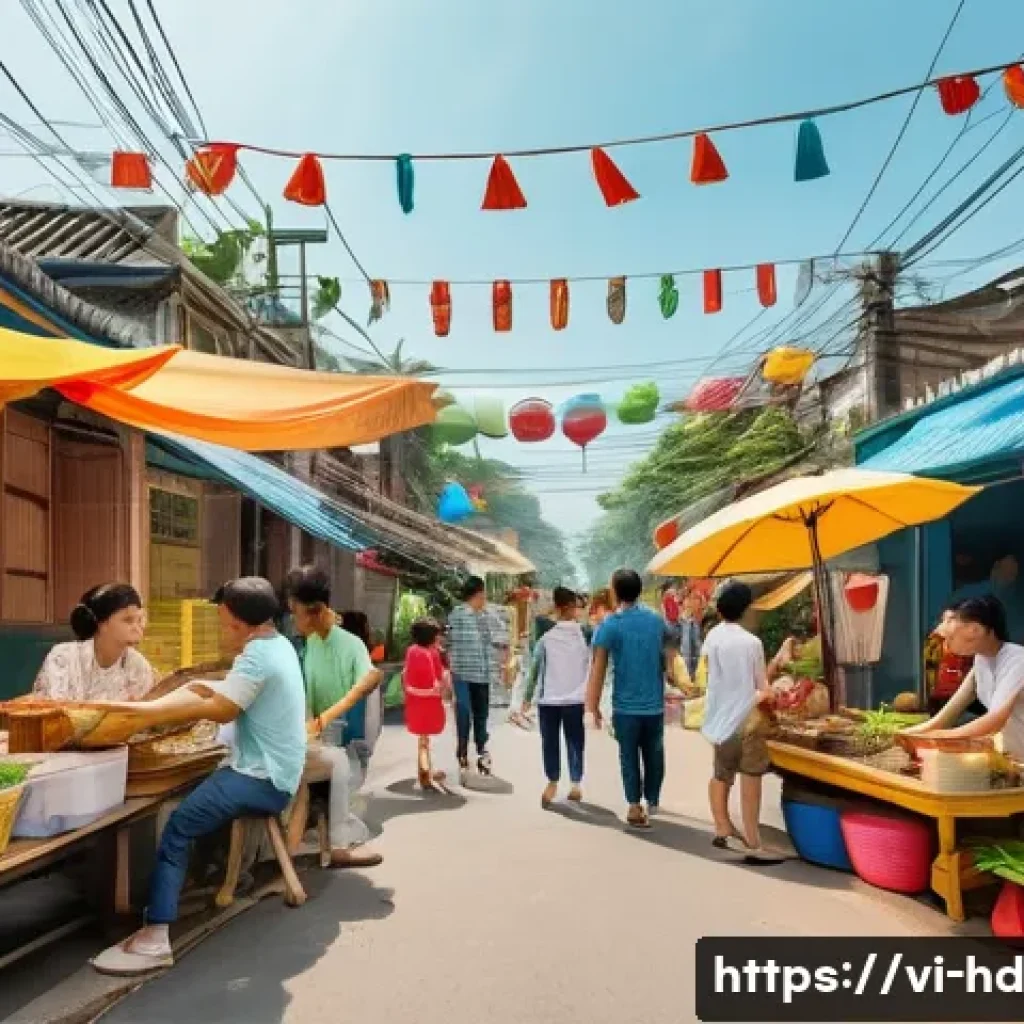 주거 전환기의 사회적 영향 - A vibrant Vietnamese urban neighborhood scene depicting diverse families from different regions, wea...