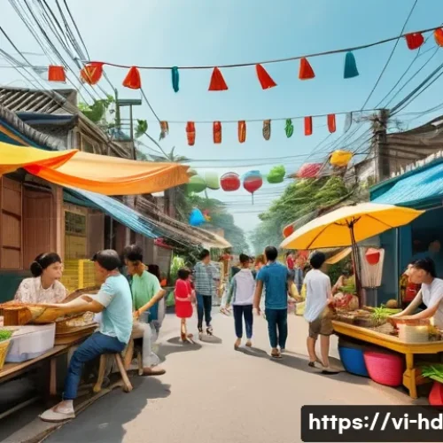 Home 33 주거 전환기의 사회적 영향 - A vibrant Vietnamese urban neighborhood scene depicting diverse families from different regions, wea...