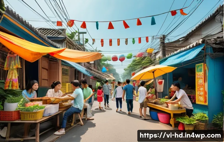 주거 전환기의 사회적 영향 - A vibrant Vietnamese urban neighborhood scene depicting diverse families from different regions, wea...