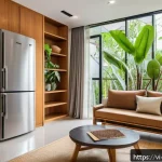 Home 23 주택의 탄소 발자국 줄이기 - A modern Vietnamese family home interior during daytime, showcasing large open windows with sheer cu...